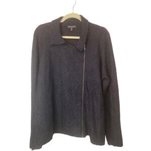 EILEEN FISHER Black Mohair Wool Blend Sweater Moto Jacket XL Textured Full Zip